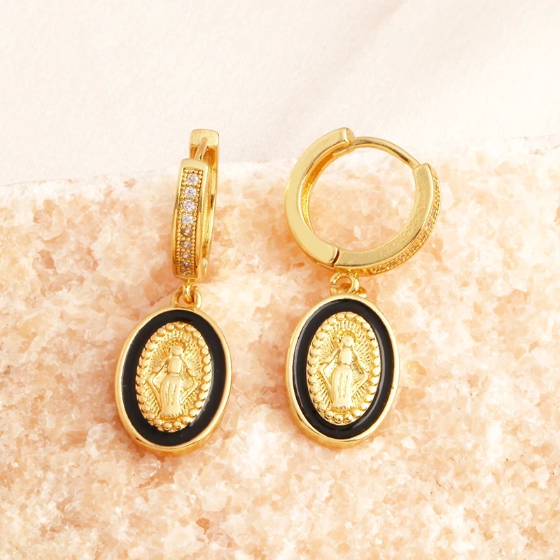Enamel Miraculous Medal Virgin Mary Catholic Holy Earring,Brass 18K Real Gold Plated Colour,Trendy Charm Jewelry Gift Supplies