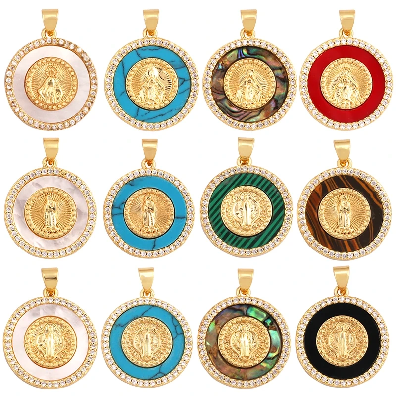 Round Shape Miraculous Medal Virgin Mary Catholic,Holy Natural Mother of Pearl Shell Agate Malachite Tiger Eye Pendant Charm