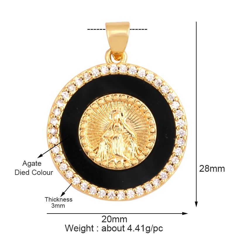 Round Shape Miraculous Medal Virgin Mary Catholic,Holy Natural Mother of Pearl Shell Agate Malachite Tiger Eye Pendant Charm