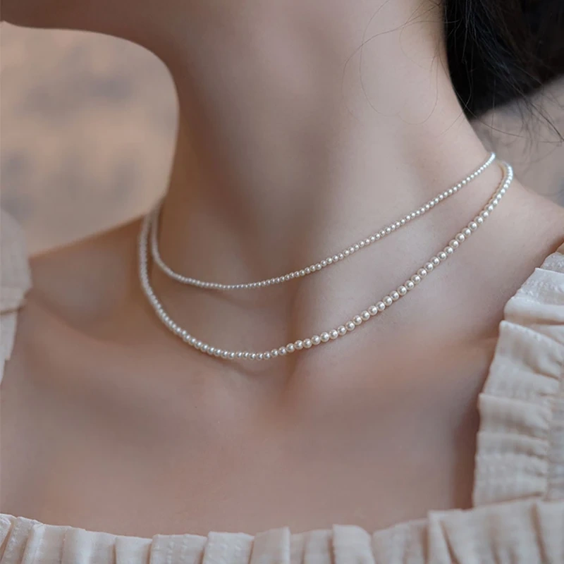 Slim Simple Classic Beaded Pearl Necklaces Made  from Swarovski elements 5810, Chain Necklaces For Women Office Jewelry