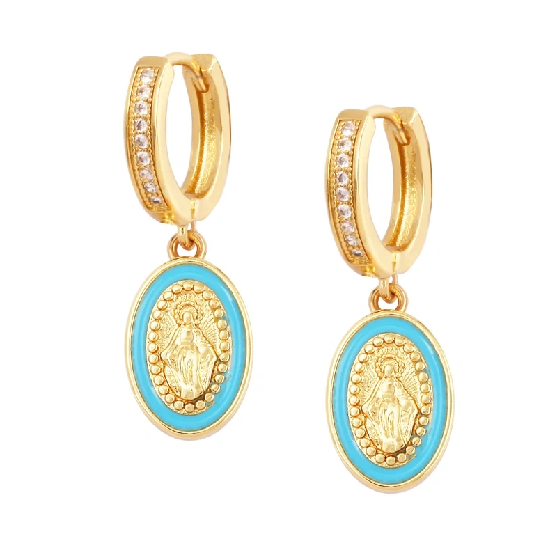 Enamel Miraculous Medal Virgin Mary Catholic Holy Earring,Brass 18K Real Gold Plated Colour,Trendy Charm Jewelry Gift Supplies M53