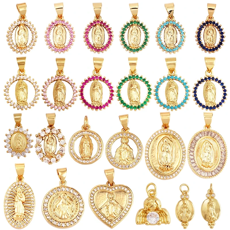 Miraculous Medal Charm Oval Heart Round Pendan,Colour CZ Paved,Real Gold Plated ,Necklace Bracelet Making Finding Supplies K11