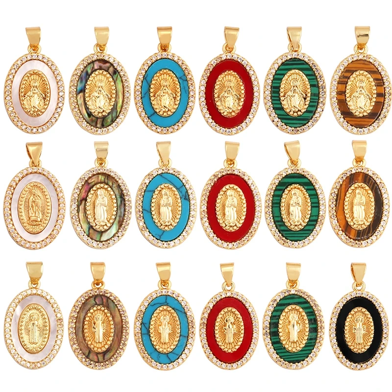 Trendy Design Miraculous Medal Virgin Mary Catholic,Holy Natural Mother Pearl Shell Agate Malachite Tiger Eye Pendant Charm M66