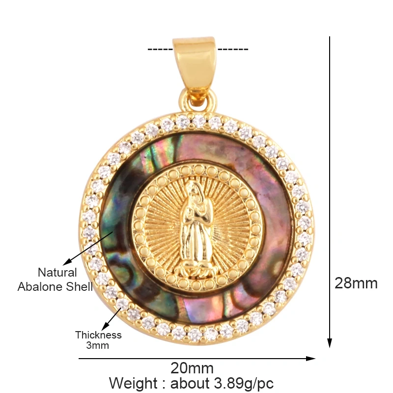 Round Shape Miraculous Medal Virgin Mary Catholic,Holy Natural Mother of Pearl Shell Agate Malachite Tiger Eye Pendant Charm M66