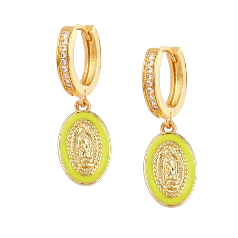 Enamel Miraculous Medal Virgin Mary Catholic Holy Earring,Brass 18K Real Gold Plated Colour,Trendy Charm Jewelry Gift Supplies M53