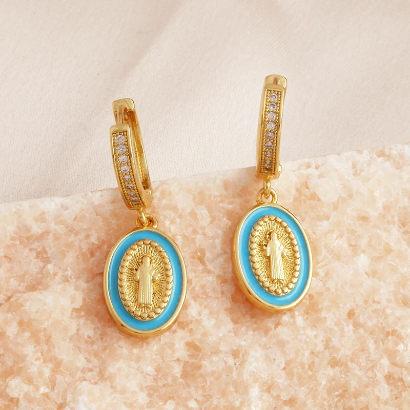 Enamel Miraculous Medal Virgin Mary Catholic Holy Earring,Brass 18K Real Gold Plated Colour,Trendy Charm Jewelry Gift Supplies