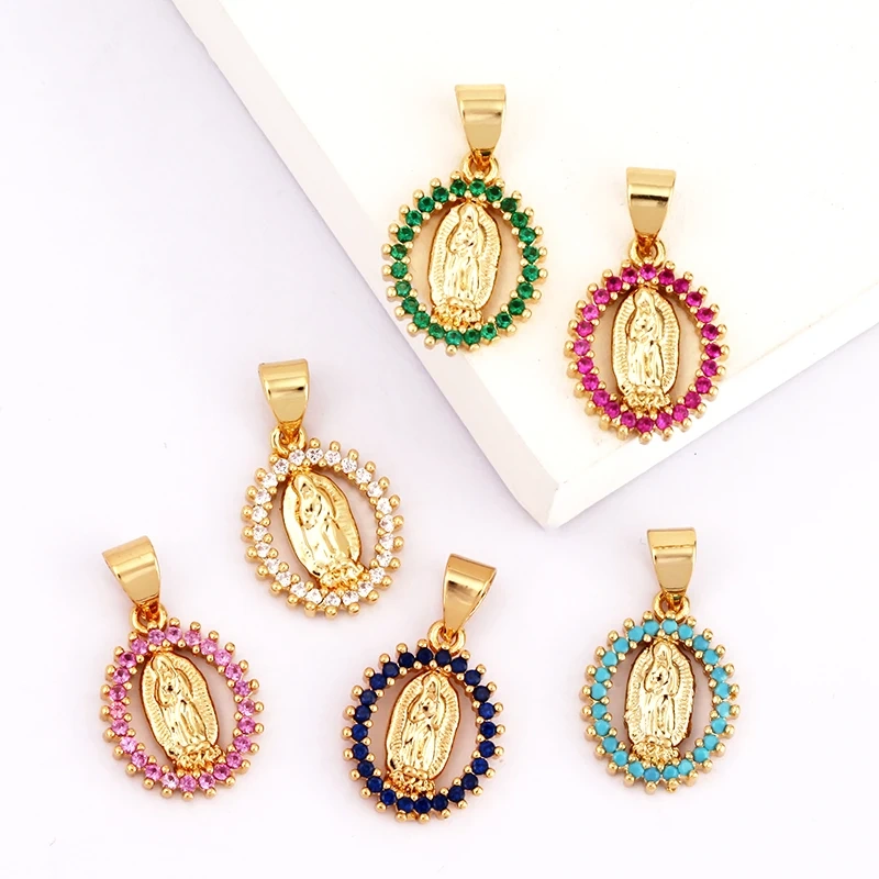 Miraculous Medal Charm Oval Heart Round Pendan,Colour CZ Paved,Real Gold Plated ,Necklace Bracelet Making Finding Supplies K11