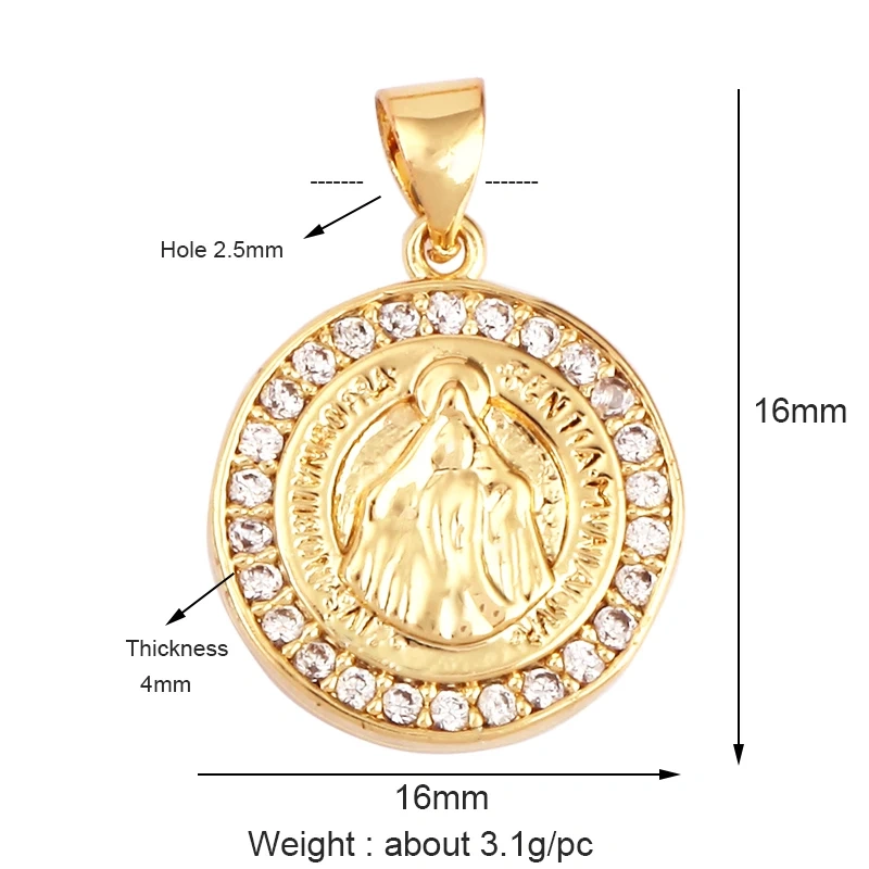 Miraculous Medal Charm Oval Heart Round Pendan,Colour CZ Paved,Real Gold Plated ,Necklace Bracelet Making Finding Supplies K11
