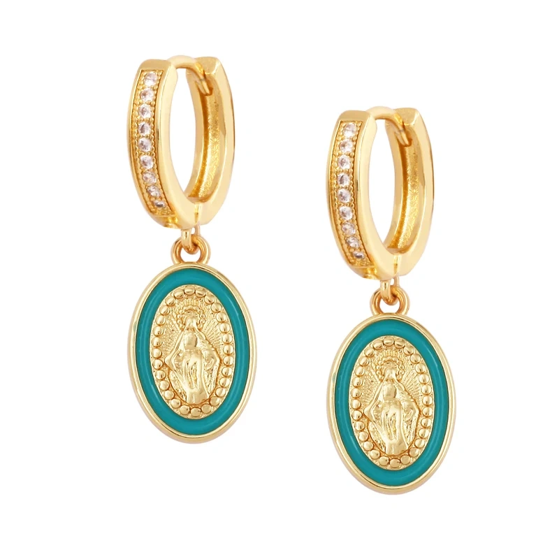 Enamel Miraculous Medal Virgin Mary Catholic Holy Earring,Brass 18K Real Gold Plated Colour,Trendy Charm Jewelry Gift Supplies M53
