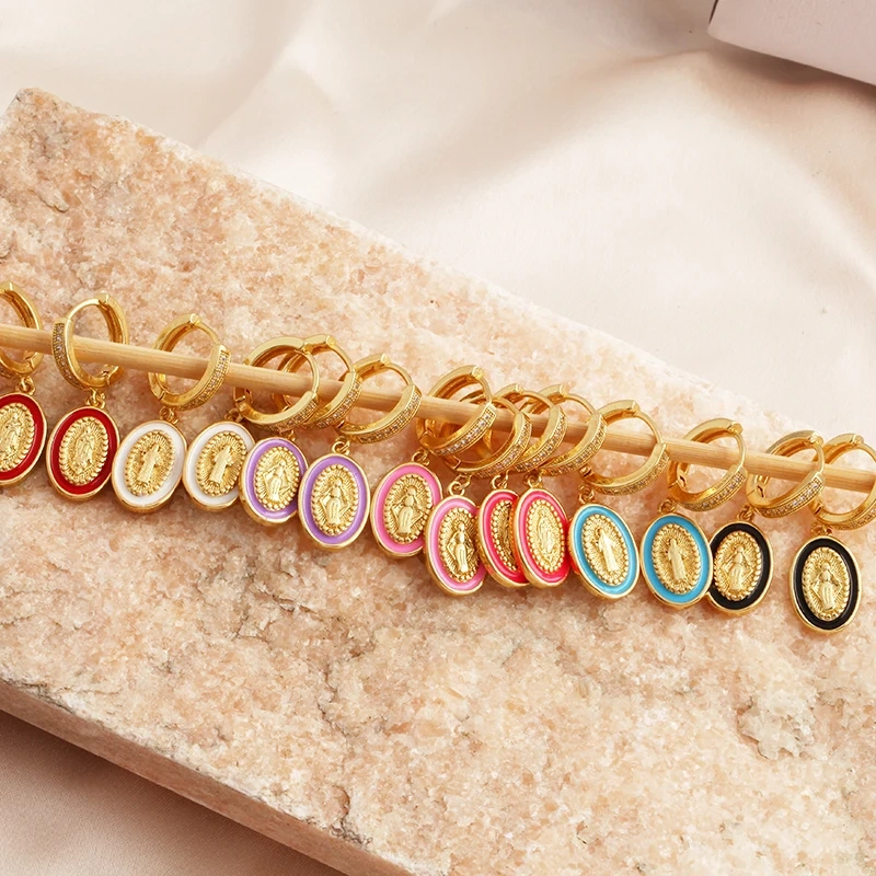 Enamel Miraculous Medal Virgin Mary Catholic Holy Earring,Brass 18K Real Gold Plated Colour,Trendy Charm Jewelry Gift Supplies