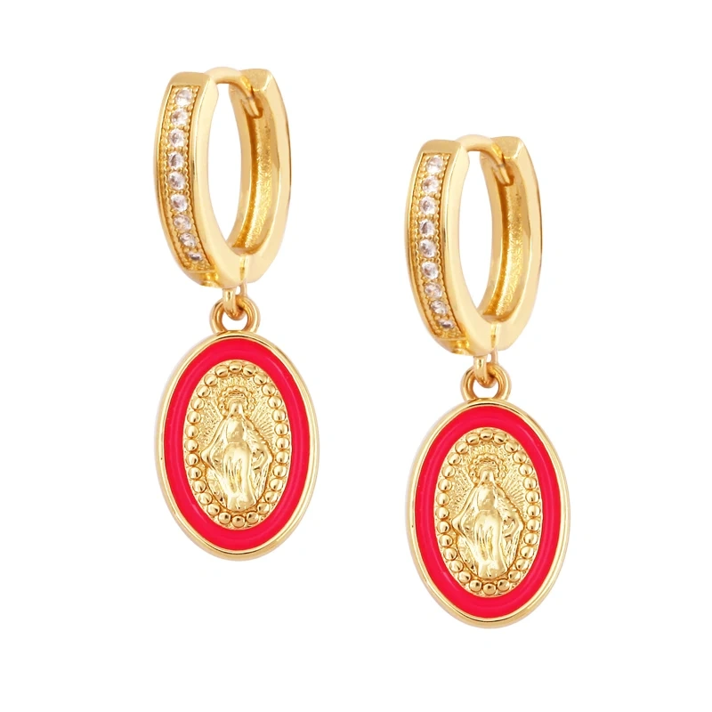 Enamel Miraculous Medal Virgin Mary Catholic Holy Earring,Brass 18K Real Gold Plated Colour,Trendy Charm Jewelry Gift Supplies