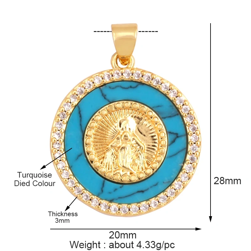 Round Shape Miraculous Medal Virgin Mary Catholic,Holy Natural Mother of Pearl Shell Agate Malachite Tiger Eye Pendant Charm