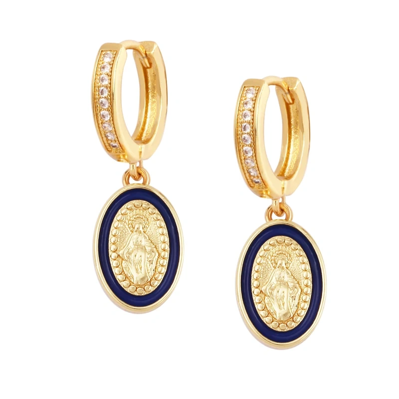 Enamel Miraculous Medal Virgin Mary Catholic Holy Earring,Brass 18K Real Gold Plated Colour,Trendy Charm Jewelry Gift Supplies M53