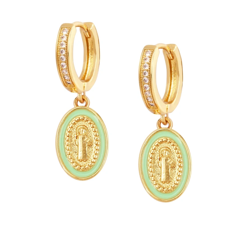 Enamel Miraculous Medal Virgin Mary Catholic Holy Earring,Brass 18K Real Gold Plated Colour,Trendy Charm Jewelry Gift Supplies M53