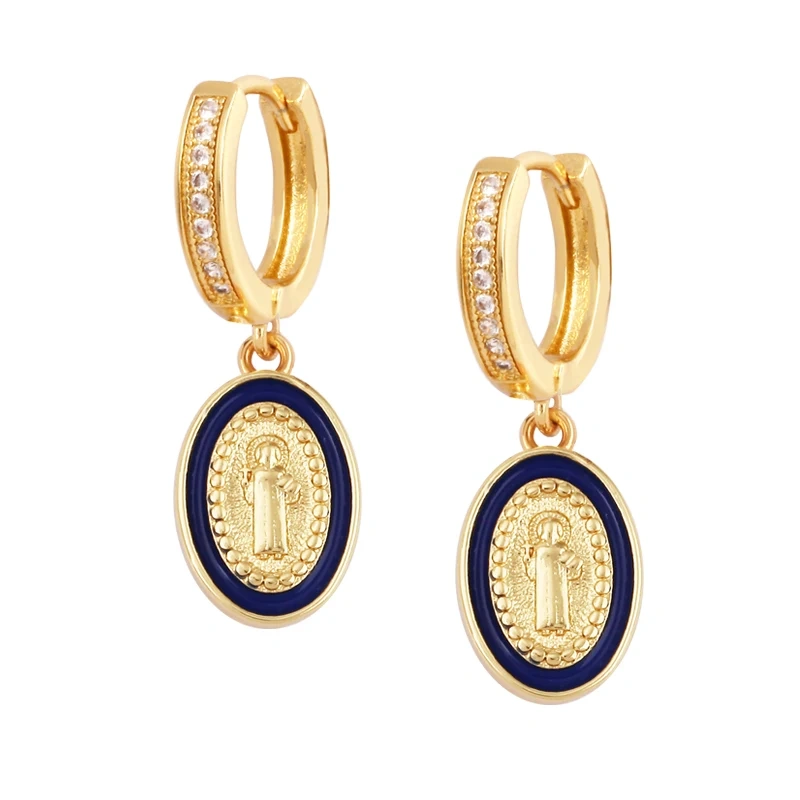 Enamel Miraculous Medal Virgin Mary Catholic Holy Earring,Brass 18K Real Gold Plated Colour,Trendy Charm Jewelry Gift Supplies M53