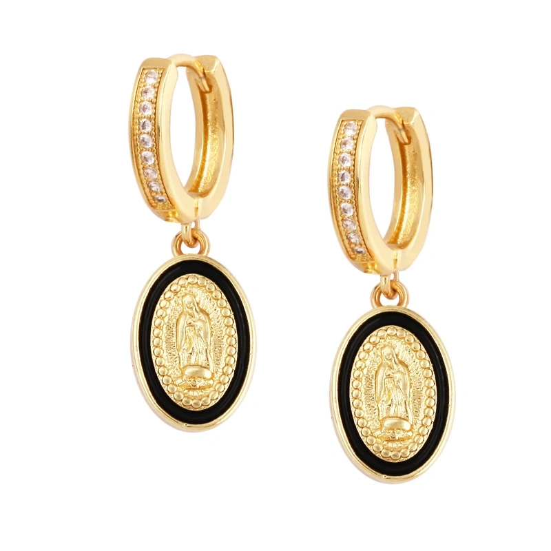 Enamel Miraculous Medal Virgin Mary Catholic Holy Earring,Brass 18K Real Gold Plated Colour,Trendy Charm Jewelry Gift Supplies M53