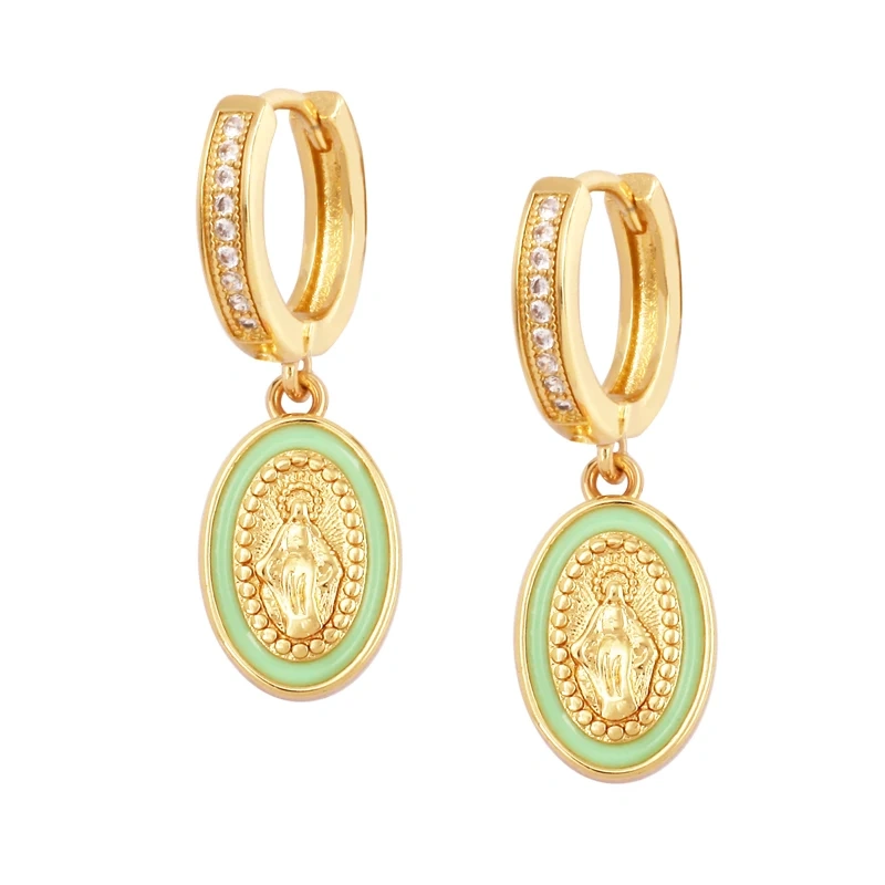 Enamel Miraculous Medal Virgin Mary Catholic Holy Earring,Brass 18K Real Gold Plated Colour,Trendy Charm Jewelry Gift Supplies