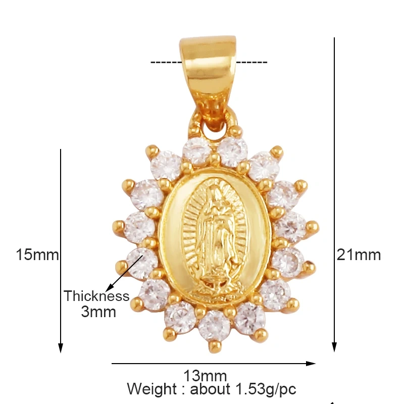 Miraculous Medal Charm Oval Heart Round Pendan,Colour CZ Paved,Real Gold Plated ,Necklace Bracelet Making Finding Supplies K11