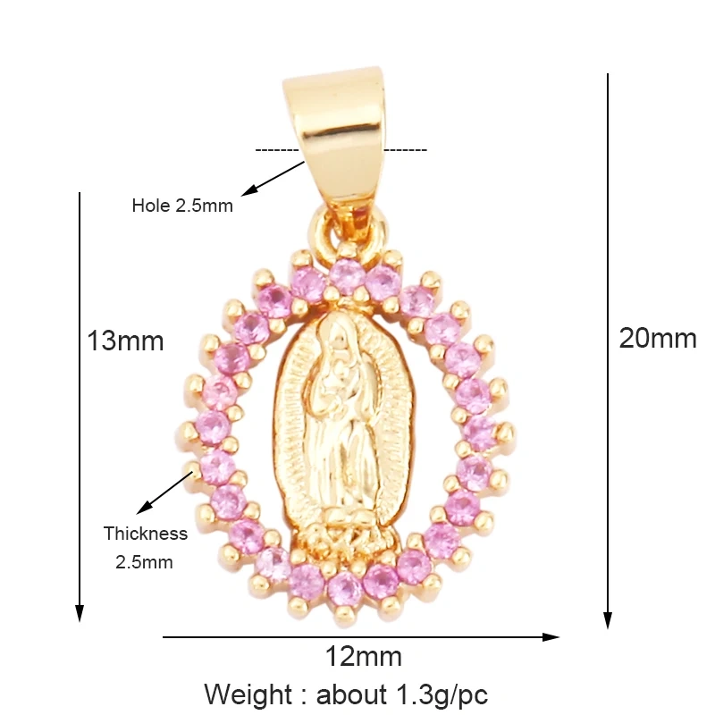 Miraculous Medal Charm Oval Heart Round Pendan,Colour CZ Paved,Real Gold Plated ,Necklace Bracelet Making Finding Supplies K11