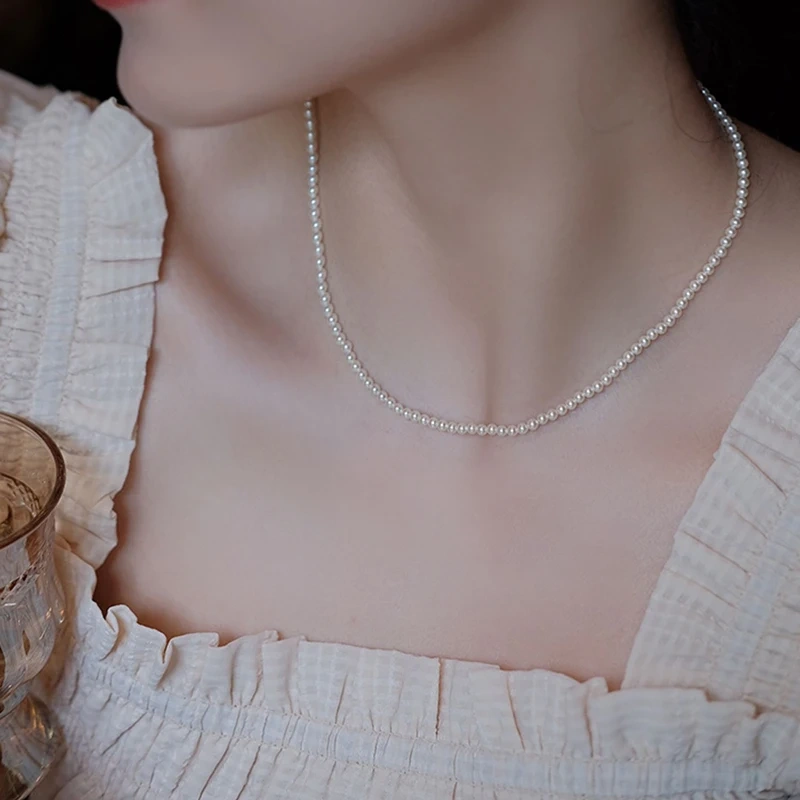 Slim Simple Classic Beaded Pearl Necklaces Made  from Swarovski elements 5810, Chain Necklaces For Women Office Jewelry