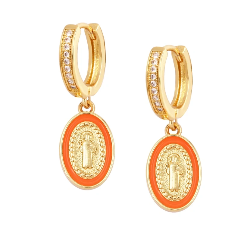 Enamel Miraculous Medal Virgin Mary Catholic Holy Earring,Brass 18K Real Gold Plated Colour,Trendy Charm Jewelry Gift Supplies M53