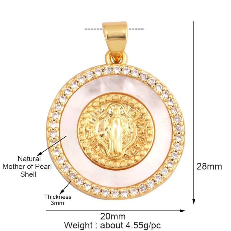 Round Shape Miraculous Medal Virgin Mary Catholic,Holy Natural Mother of Pearl Shell Agate Malachite Tiger Eye Pendant Charm