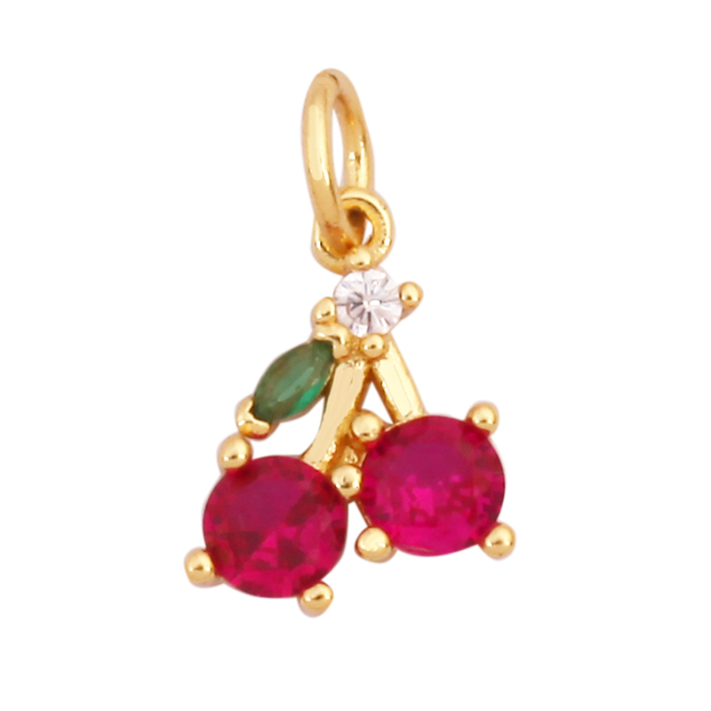 Mini Cute Colourful Zircon Cherry Strawberry Grape Fruit Charm Pendant,Sweet 18K Gold Plated Brass Necklace for Jewelry Findings
