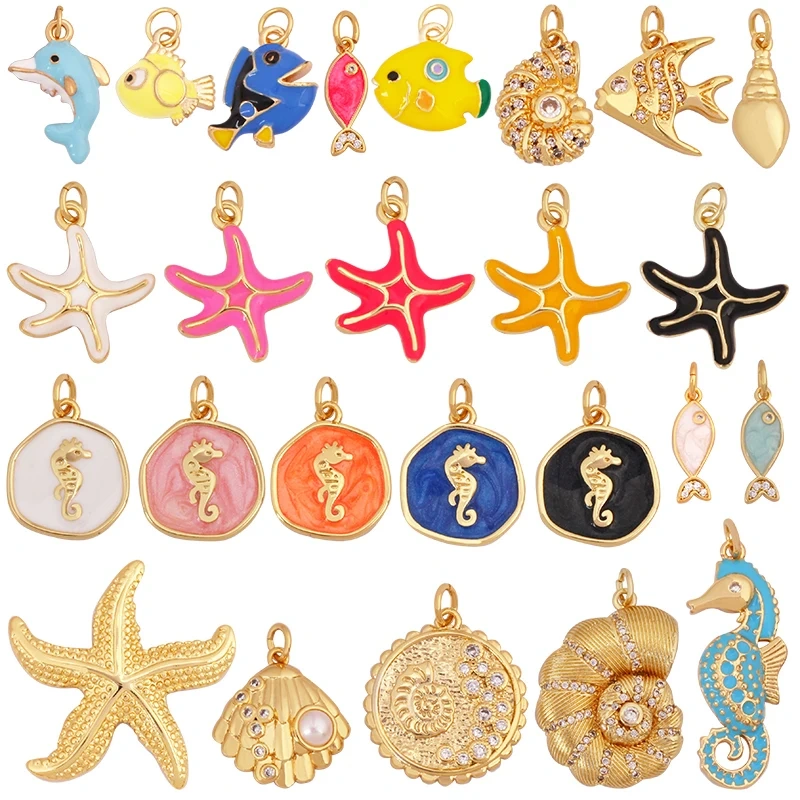 Trendy Ocean Scallop Starfish Dolphin Seahorse Charm Necklace Pendant,Multicolor Enamel Summer Beach Holiday Jewelry Supply K80