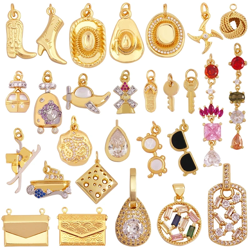 Cowboy Hat Boots Key Glasses Aircraft Windmill Slipper Sports Charm Pendant,Zirconia 18K Gold Necklace Craft Jewelry Supply K78