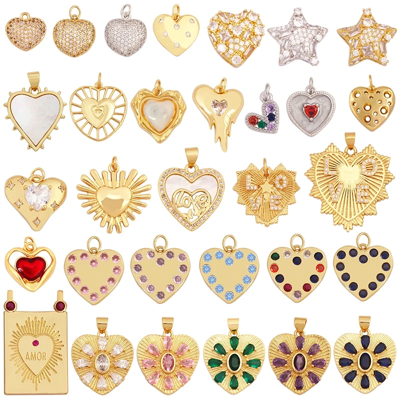 Fashion Colorful Zircon Focal Love Heart Star Charm Pendant,18K Gold Plated Necklace Bracelet DIY Handmade Jewelry Supplies K81