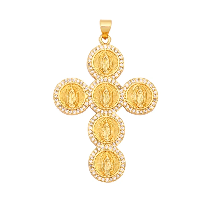 Holy Religious Jesus Cross Virgin Mary Charms Pendant,18K Gold Plated Colourful Zircon Shell Jewelry Necklace Accessories K63