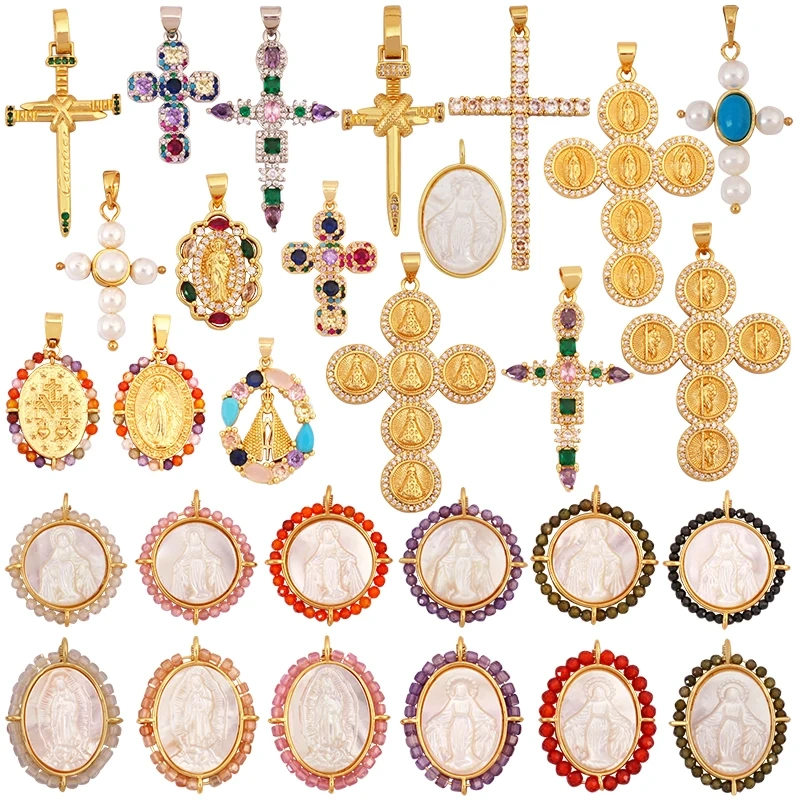 Holy Religious Jesus Cross Virgin Mary Charms Pendant,18K Gold Plated Colourful Zircon Shell Jewelry Necklace Accessories M63