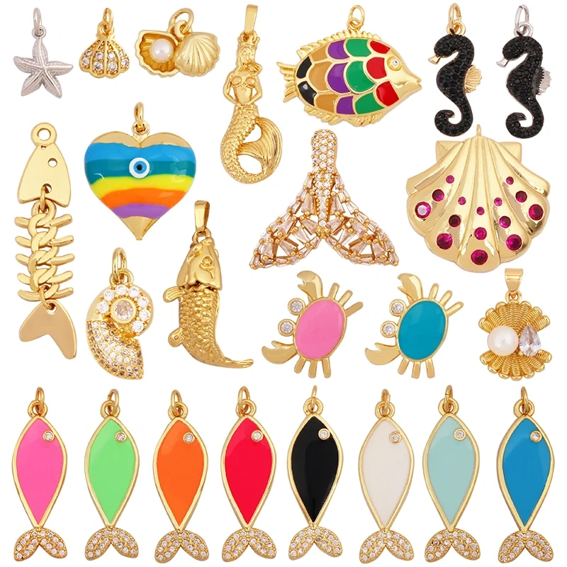 Marine Organism Fish Sea Conch Horse Shell Starfish Crab Fishbone Charm Pendant,Gold Plated Zircon Jewelry Finding Supplies K73