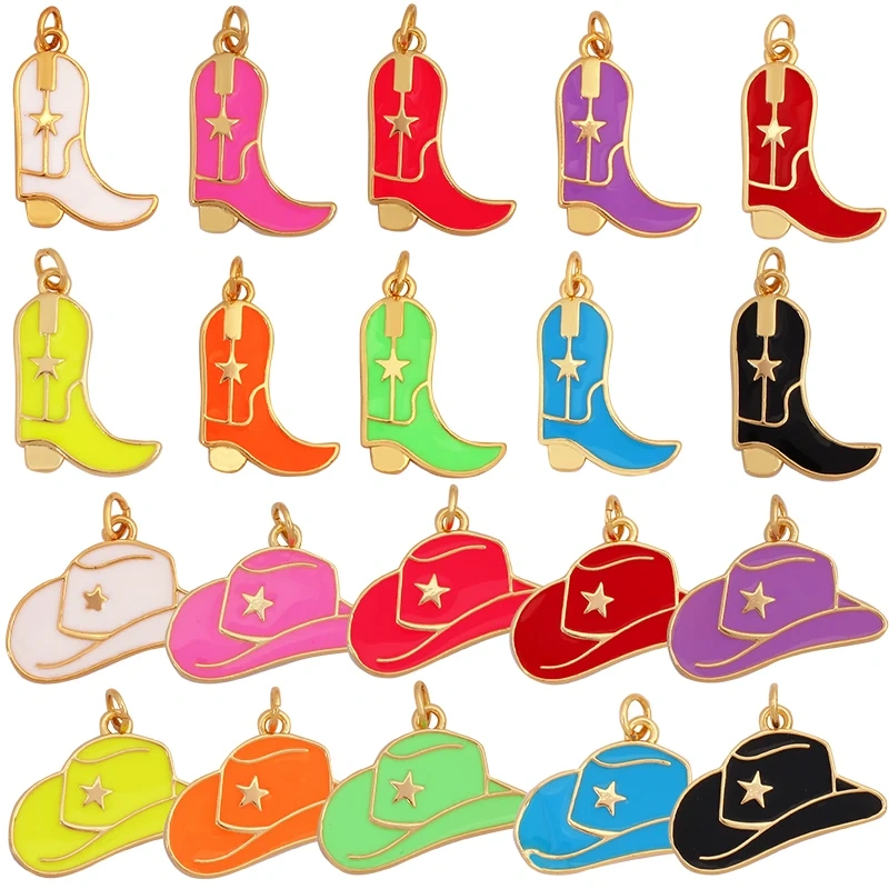 Trendy Cowboy Hat Boots Colorful Enamel Charm Pendants,Fashion 18K Gold Plated Cap Necklace Making Accessories Supplies K77