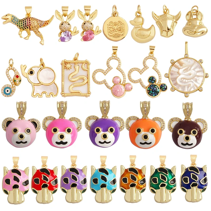 Elephant Dinosaur Leopard Rabbit Snake Bear Duck Charm Pendant,18K Gold Animal Necklace Bracelet for Handmade Jewelry Supply P19