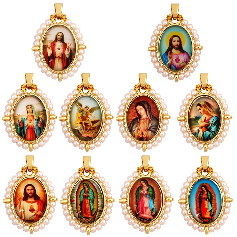 Religious Style Holy Jesus Virgin Mary Charm Geometry Pendant,18K Gold Inlaid Cubic Zirconia Pearl Jewelry Necklace Supplies K61