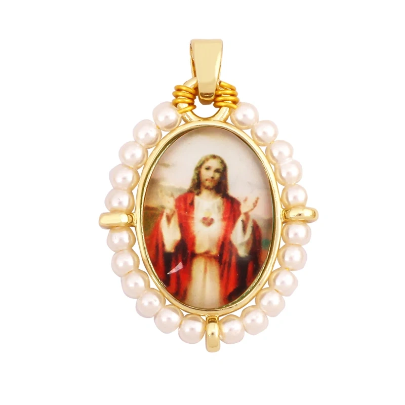 Religious Style Holy Jesus Virgin Mary Charm Geometry Pendant,18K Gold Inlaid Cubic Zirconia Pearl Jewelry Necklace Supplies K61