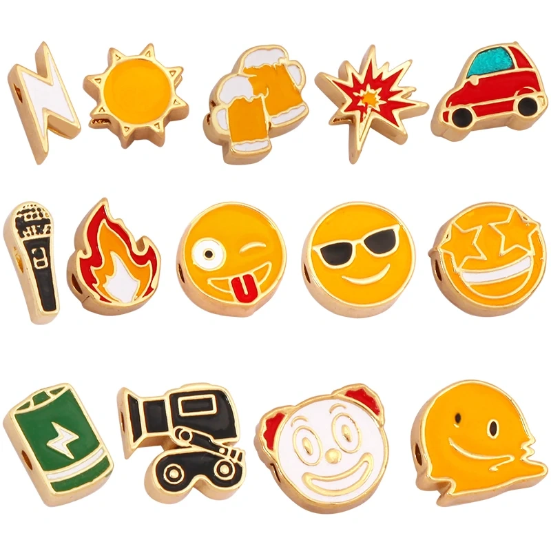 Colourful Enamel Sun Lightning Camera Beer Cup Car Fire Happy Face Bead,18K Gold Plated Bracelet Necklace Accessories Supply K49