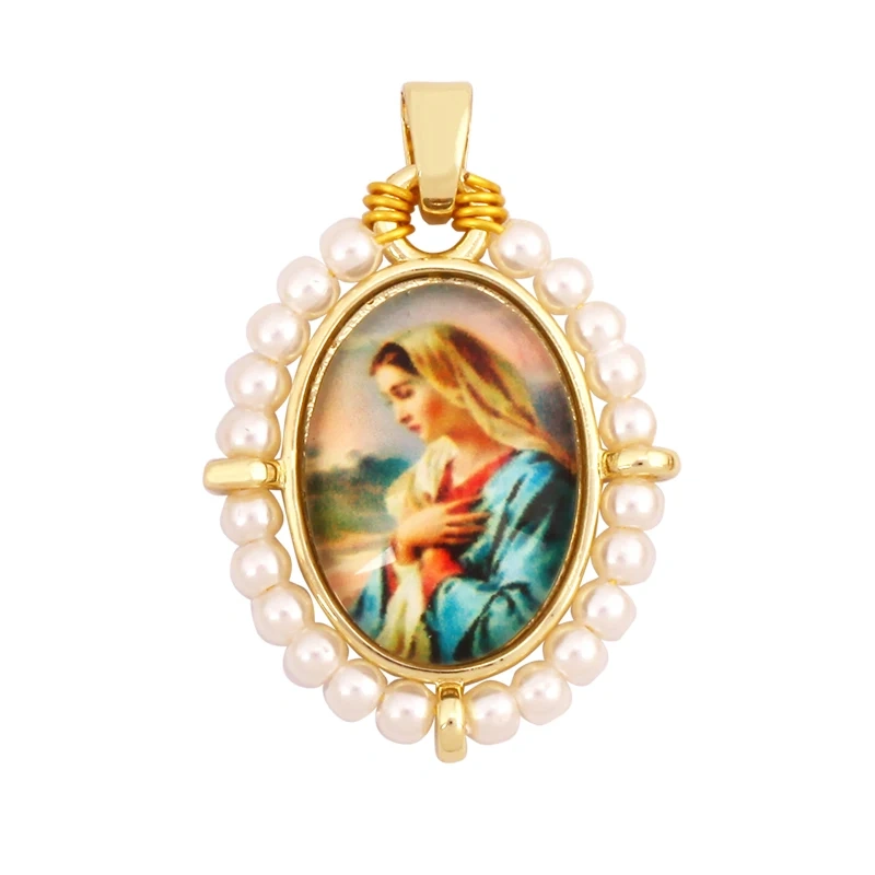 Religious Style Holy Jesus Virgin Mary Charm Geometry Pendant,18K Gold Inlaid Cubic Zirconia Pearl Jewelry Necklace Supplies K61