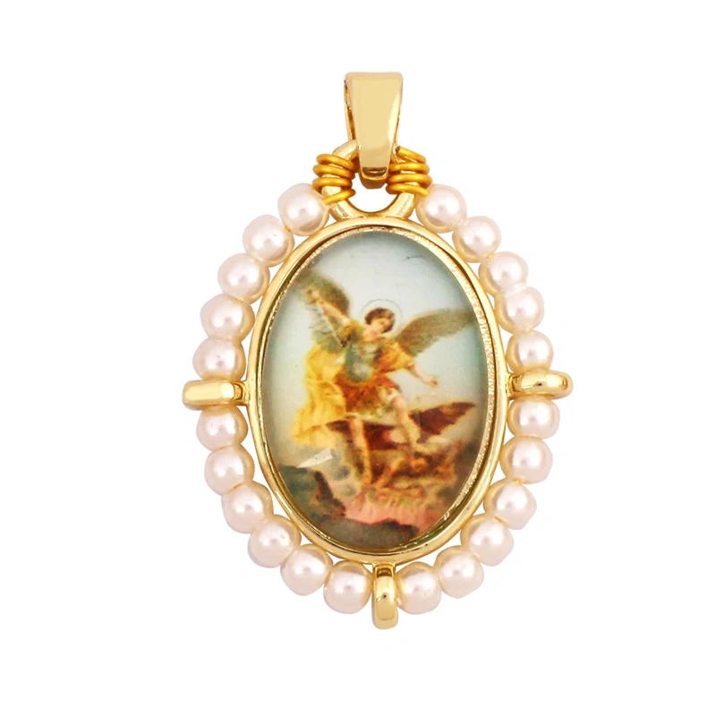 Religious Style Holy Jesus Virgin Mary Charm Geometry Pendant,18K Gold Inlaid Cubic Zirconia Pearl Jewelry Necklace Supplies K61