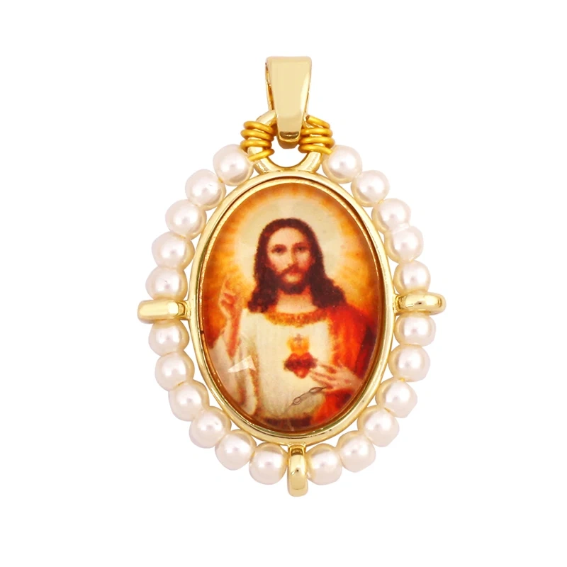 Religious Style Holy Jesus Virgin Mary Charm Geometry Pendant,18K Gold Inlaid Cubic Zirconia Pearl Jewelry Necklace Supplies K61