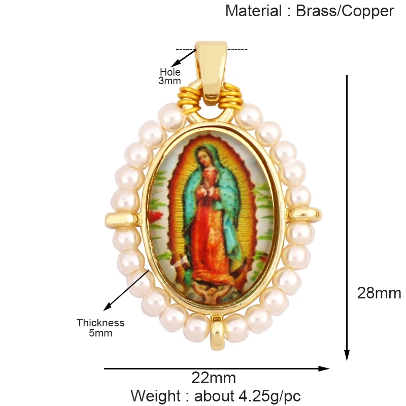 Religious Style Holy Jesus Virgin Mary Charm Geometry Pendant,18K Gold Inlaid Cubic Zirconia Pearl Jewelry Necklace Supplies K61