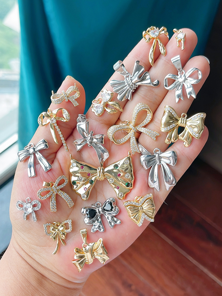 Trendy Bowknot Cubic Zirconia Charm Pendant,18K Gold Plated Necklace Bracelet DIY Handmade Jewelry Making Accessories Supply K61