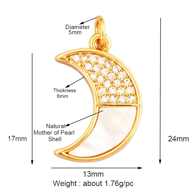 Trendy Sun Moon Star Shell 18K Gold Plated Charm Pendant,Inlaid Shining CZ Zirconia Jewelry Necklace Bracelet Making Supply M52