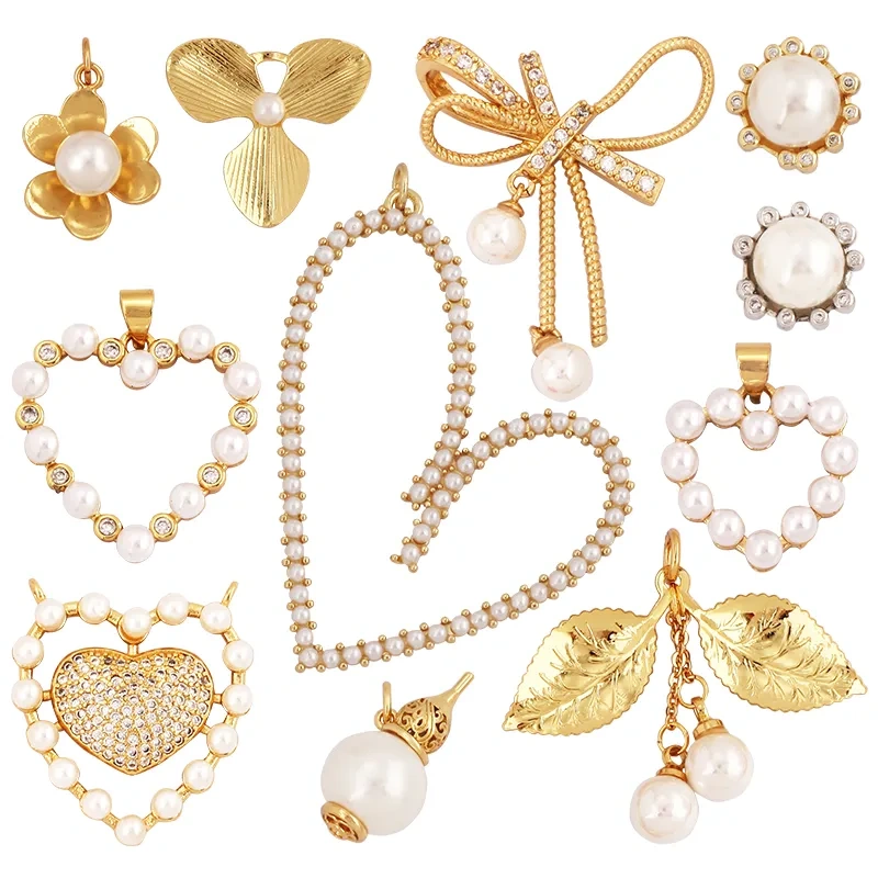 Fashion Heart Flower Pearl Cubic Zircon 18K Gold Charm Pendant,Bracelet Necklace Attachment  Jewelry Components Findings L36