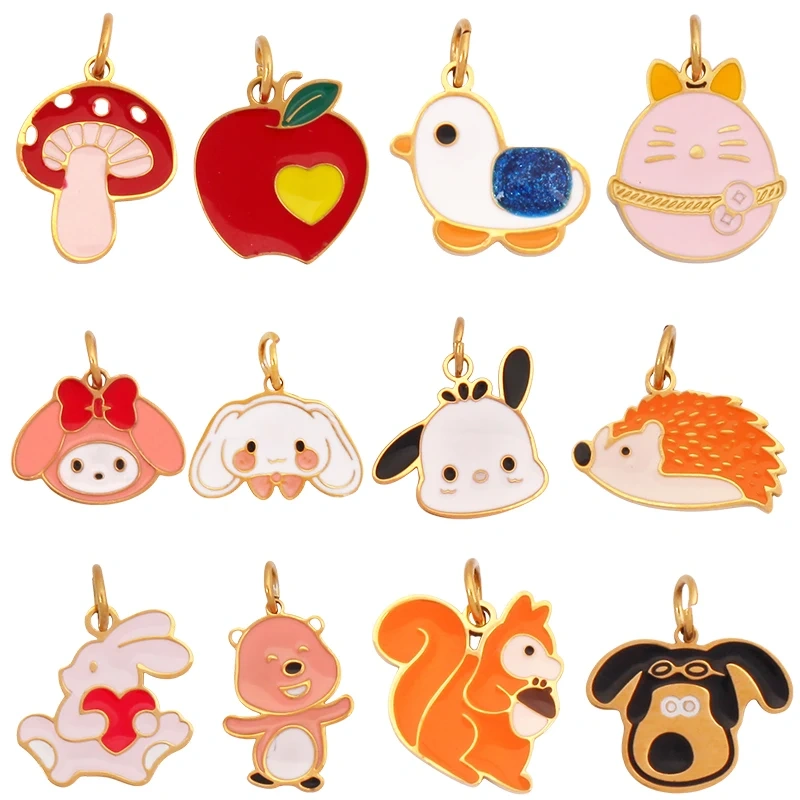 316 Staineless Steel Cute Rabbit Bear Squirrel Hedgehog Dog Animal Mushroom Apple Charm Pendant, Necklace Jewelry Supply K42