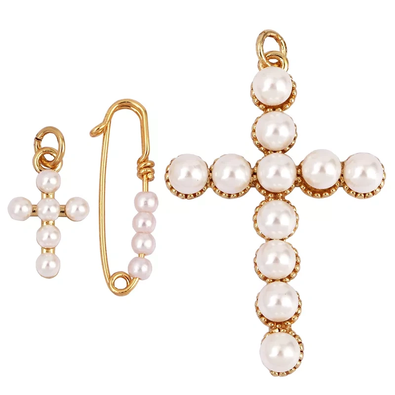 Safety Pin Cross Pearl Charm Pendant for Necklace Bracelet Earring Attachment Handmaking Summer Christmas Jewellery Findings L36