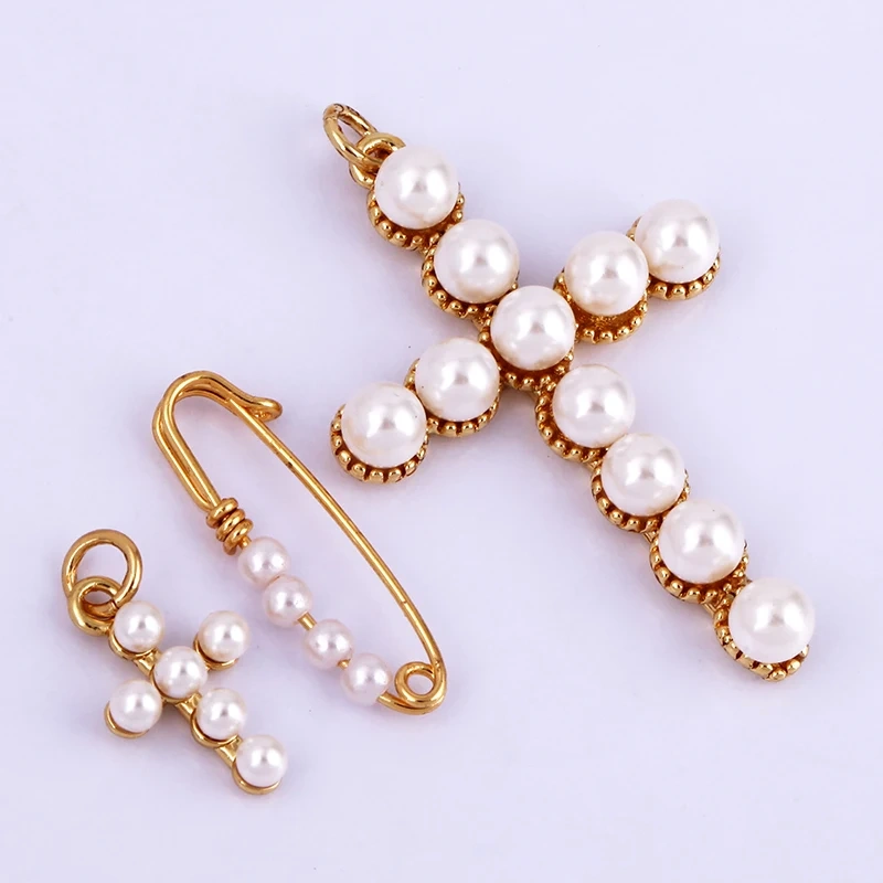 Safety Pin Cross Pearl Charm Pendant for Necklace Bracelet Earring Attachment Handmaking Summer Christmas Jewellery Findings L36