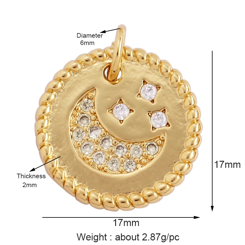 Trendy Sun Moon Star Shell 18K Gold Plated Charm Pendant,Inlaid Shining CZ Zirconia Jewelry Necklace Bracelet Making Supply M52