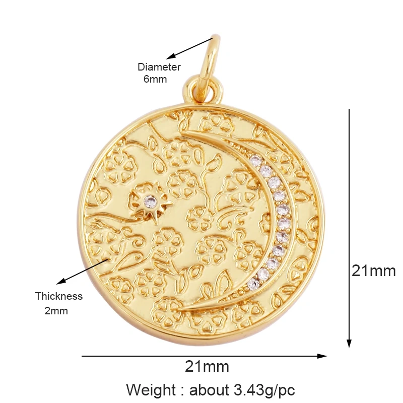 Trendy Sun Moon Star Shell 18K Gold Plated Charm Pendant,Inlaid Shining CZ Zirconia Jewelry Necklace Bracelet Making Supply M52